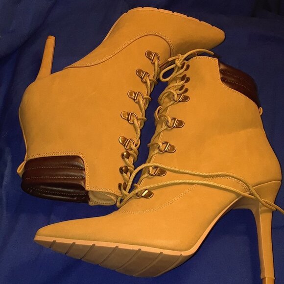 Women's Stiletto Combat Heel Booties, Pointed Toe High Heeled Lace Up Ankle - Picture 3 of 4